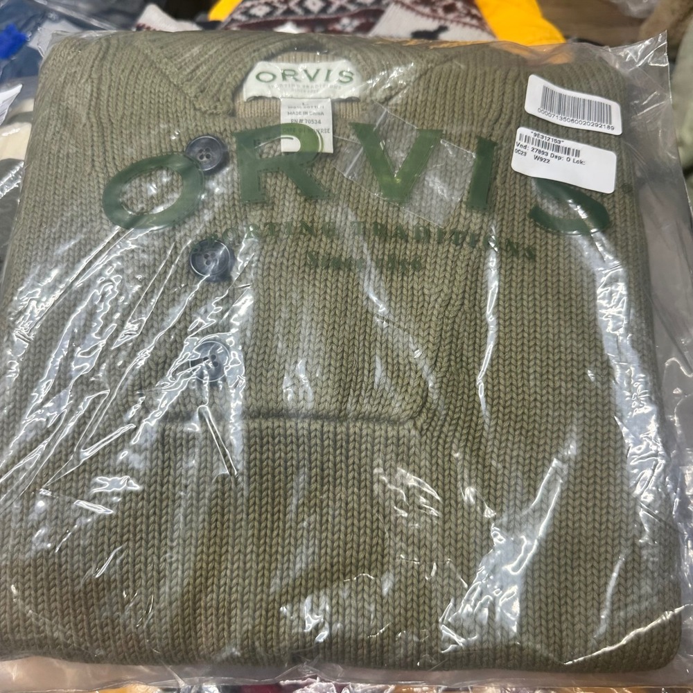 Orvis Mens Large Olive Green Cotton Shaker Knit Button Neck Sweater Elbow Patch - Picture 5 of 5